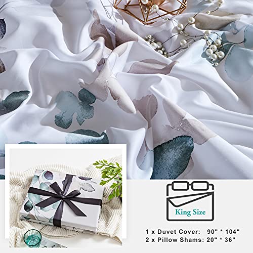  Duvet Cover King Size 100% Egyptian Cotton Gradient Teal Blue Leaves Plant Pattern Printed Comforter Cover Set Ultra Soft & Breathable Unique Design Farmhouse Bedding Set 3pcs (No Comforter)