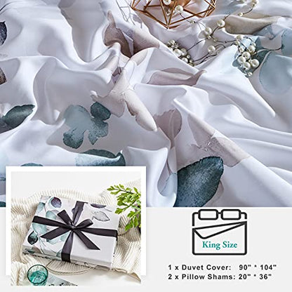  Duvet Cover King Size 100% Egyptian Cotton Gradient Teal Blue Leaves Plant Pattern Printed Comforter Cover Set Ultra Soft & Breathable Unique Design Farmhouse Bedding Set 3pcs (No Comforter)