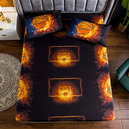  Bed Sheet 3 Piece Set 1 Flat+1 Fitted+1 Pillowcases-3D Sports Basketball Microfiber Bedding Sheet-Twin Size