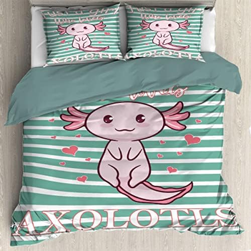  Ottoy Cute Axolotl Lightweight Comfortable 3 Pieces Duvet Cover Luxury Soft Bedding Quilt Set With Pillow Shams Full/Queen Size(No Comforter) 104"X90"