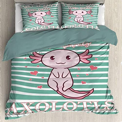  Ottoy Cute Axolotl Lightweight Comfortable 3 Pieces Duvet Cover Luxury Soft Bedding Quilt Set With Pillow Shams Full/Queen Size(No Comforter) 104"X90"