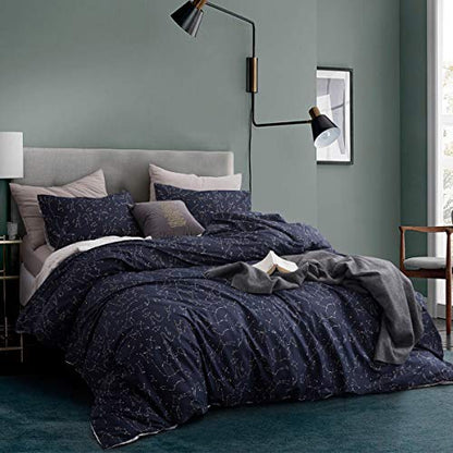  ECOCOTT Duvet Cover Queen, 100% Natural Cotton 1 Duvet Cover +2 Pillowcases Bedding Set,Navy And Cosmic Constellation Reversible Printed Pattern Soft Cozy Breathable And Durable Duvet Cover Set