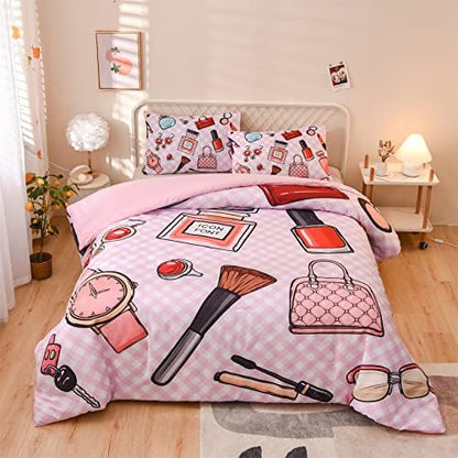  Aimuan Pink Comforter Set Cosmetic And Makeup Theme Quilt Set With Perfume Bag Lipstick Nail Polish Pattern Decorative Quilted 3 Pcs Bedding Set With 2 Pillowcases (Pink, Queen)