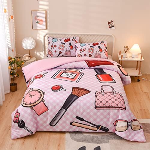  Aimuan Pink Comforter Set Cosmetic And Makeup Theme Quilt Set With Perfume Bag Lipstick Nail Polish Pattern Decorative Quilted 3 Pcs Bedding Set With 2 Pillowcases (Pink, Queen)