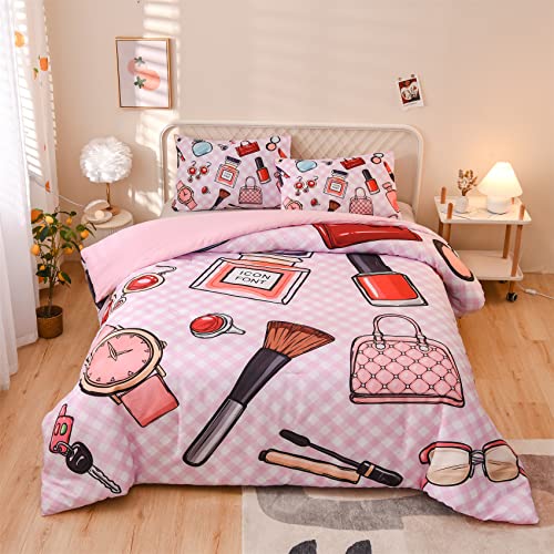  Aimuan Pink Comforter Set Cosmetic And Makeup Theme Quilt Set With Perfume Bag Lipstick Nail Polish Pattern Decorative Quilted 3 Pcs Bedding Set With 2 Pillowcases (Pink, Queen)