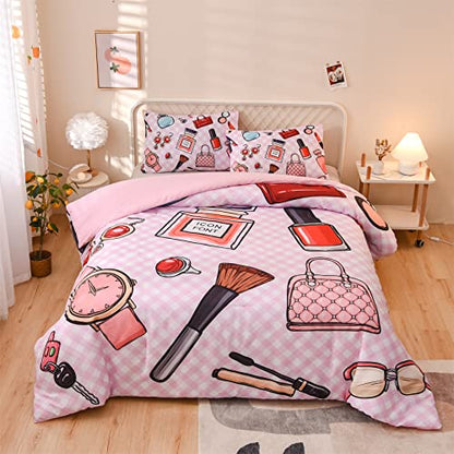  Aimuan Pink Comforter Set Cosmetic And Makeup Theme Quilt Set With Perfume Bag Lipstick Nail Polish Pattern Decorative Quilted 3 Pcs Bedding Set With 2 Pillowcases (Pink, Queen)