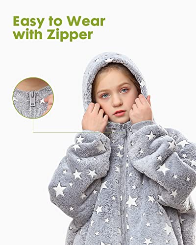  Uttermara Wearable Blanket Hoodie, Zipper Oversized Hoodie Blanket For Kids, Sherpa Hooded Blanket With Hood, Pocket & Sleeve, One Size Fits All, Stars Print Glow In The Dark