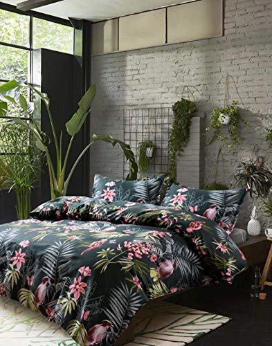  Eikei Palm Leaves Duvet Cover And Pillowcases Set Tropical Exotic Island Flowers Trees Branches Paradise Birds Bedding Jungle Plants Modern Botanical Print Long Staple Cotton (Pine Green, King)