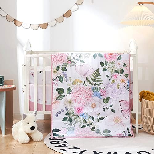  Beeweed 4-Piece Crib Bedding Set For Boys Girls, Soft Baby Bedding Set Including Blanket, Crib Skirt, Crib Sheets & Diaper Stacker, Flower Butterfly Nursery Bedding Set
