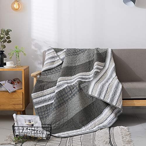  Madrona Striped Grey And White Throw Blanket - 50" X 60": 100% Cotton Modern Coverlet, Quilted Patchwork Bedspread, Modern Dark Olive Throw, Lap Bedding Quilt, Lightweight Couch Cover
