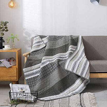  Madrona Striped Grey And White Throw Blanket - 50" X 60": 100% Cotton Modern Coverlet, Quilted Patchwork Bedspread, Modern Dark Olive Throw, Lap Bedding Quilt, Lightweight Couch Cover