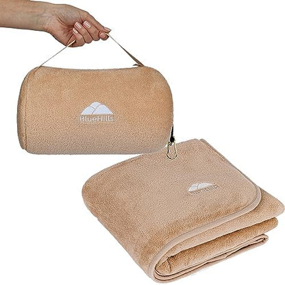  BlueHills Travel Blanket Pillow Rolled Premium Soft Plush Airplane Throw Traveling Essentials Compact In A Bag With Luggage Belt 70 X 48 Inches For Long Plane Flight Portable Lightweight Grey Gray R01
