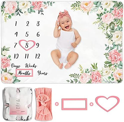  Baby Milestone Blanket - Monthly Milestone Blanket For Baby Girl - Custom Soft Fleece Photography Background - Personalized Newborn Growth Chart -Premium Floral Moon 60" X 40"