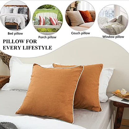  100% Linen Euro Shams With White Trim Inserted Edges 26x26 Inch Stone Washed Pillow Cover Set Of 2 Basic Style Cushion Covers,Rust