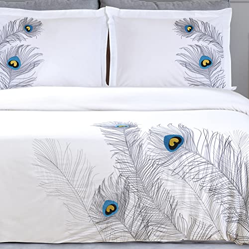 Superior 100% Cotton, 3-Piece King/California King, Single Ply, Soft, Embroidered Peacock Duvet Cover Set, Silver