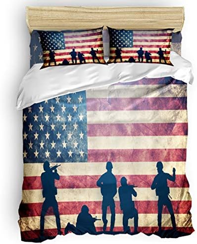  4 Pieces Bedding Sets, USA Flag Duvet Cover Set, Camouflage Themed,Include 1 Flat Sheet 1 Duvet Cover And 2 Pillow Cases, Full Size