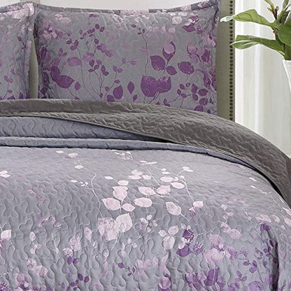  Masterplay 3-Piece Fine Printed Oversize (118" X 95") Quilt Set, Bedspread Coverlet King Size Bed Cover (Dark Grey, Purple Gradient, Vine)