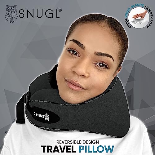  SNUGL Travel Pillow - Memory Foam Neck Cushion - Flight Pillow | Support Neck Pillow For Travel | Travel Neck Pillow For Airplane With Carry Bag & Clip | Flying Travel Essentials (Jet Black - Regular)