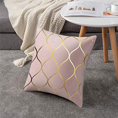  DEZENE Gold Velvet Throw Pillow Covers: 2 Pack 18x18 Inch Square Decorative Pillow Cases for Bedroom Sofa Couch Living Room, Pink