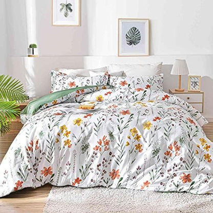  Loral Duvet Cover Queen Size - White Yellow Flowers And Green Leaf Spring Botanical Printed Microfiber Comforter Cover Set - 3PC 90X90 Soft And Lightweight Quilt Cover, Farmhouse Style For Women Men