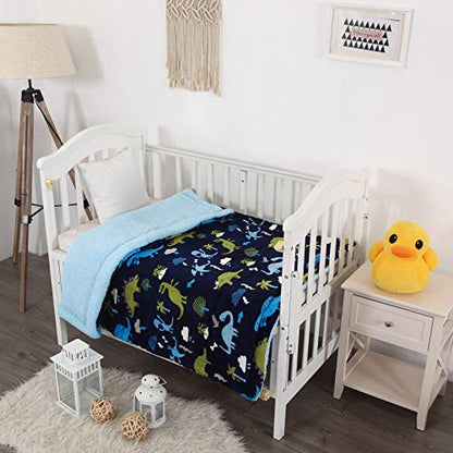 Elegant Home Kids Soft & Warm Multicolor Fun Dinosaurs Design Sherpa Baby Toddler Boy Blanket Printed Borrego Stroller Or Baby Crib Or Toddler Bed Blanket Plush Throw 40X50 (Dinosaur)