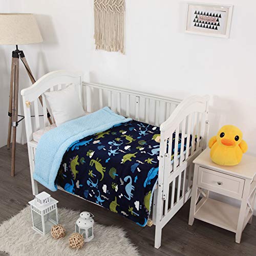  Elegant Home Kids Soft & Warm Multicolor Fun Dinosaurs Design Sherpa Baby Toddler Boy Blanket Printed Borrego Stroller Or Baby Crib Or Toddler Bed Blanket Plush Throw 40X50 (Dinosaur)