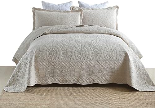  MarCielo 3-Piece 100% Cotton Oversized Bedspread Set Coverlet Set Lightweight Quilt Set Embroidery Farmhouse Bedding Set (Natural Beige, King (118"x106"))
