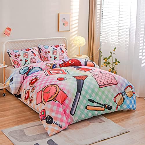  Aimuan Pink Comforter Set Cosmetic And Makeup Theme Quilt Set With Perfume Bag Lipstick Nail Polish Pattern Decorative Quilted 3 Pcs Bedding Set With 2 Pillowcases (Pink, Queen)