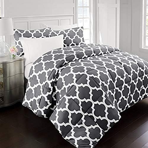  Sleep Restoration Luxury Goose Down Alternative Reversible Quatrefoil Comforter - Premium All Season Duvet - King/Cal King - Gray