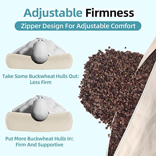  LOFE Cylinder Buckwheat Pillow With Pillowcase - Adjustable Bolster Pillow(17x6), Organic Cotton Case, Cervical Neck Support Pillow, Neck Pain Relief, Breathable Cool Sleep For Back And Side Sleepers