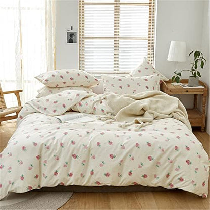  Cute Strawberry Duvet Cover Twin Kids Girls Bedding Set Kawaii Bedroom Decor Cotton Quilt Cover With Zipper Lightweight 3 Piece Bed Set With 2 Pillow Cases, Cream White