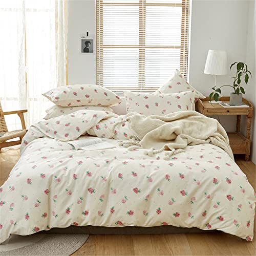  Cute Strawberry Duvet Cover Twin Kids Girls Bedding Set Kawaii Bedroom Decor Cotton Quilt Cover With Zipper Lightweight 3 Piece Bed Set With 2 Pillow Cases, Cream White