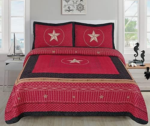  LinenTopia 3-Piece Queen Size Quilt Bedspread Set With 2 Shams, Wild Country/Horseshoe/Barbwire/Star Design, Beige Coffee, (Queen, Star Barbwire, Beige)