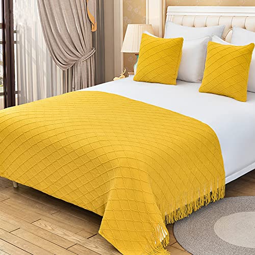  Tassel Solid Knitted Bed Runner Decorative Bed End Scarf Woven Sofa Throw Blanket 50" X 102", Bright Yellow