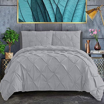  Stoffkontor Pinch Pleated 3-Piece Duvet Cover Set 100% Egyptian Cotton 800 Thread Count With Zipper & Corner Ties Pintuck Decorative Duvet Cover- Oversized Super King (120" X 98") Size, Silver