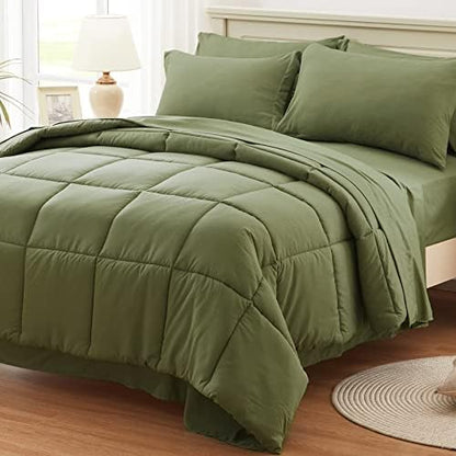  Anluoer Queen Size Bed In A Bag 7 Pieces, Sage Green Bed Comforter Set With Comforter And Sheets, All Season Bedding Sets With 1 Comforter, 2 Pillow Shams, 2 Pillowcases, 1 Flat Sheet,1 Fitted Sheet