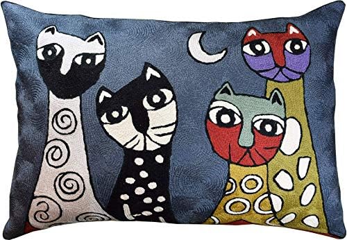  Kashmir Designs Cat Pillow Cover | Kitty Accent Pillow | Modern Cats Cushion | Colorful Cat Pillows | Cat Face On Pillow | Cat Lover Gift | Hand Embroidered Cushions | Wool Size - 18x18