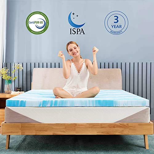  2 Inch Cooling Gel Memory Foam Mattress Topper In A Box, Medium Firm Mattress Topper For Pressure Relief & Temperature Regulation,CertiPUR-US Certified, Blue&White (Twin)