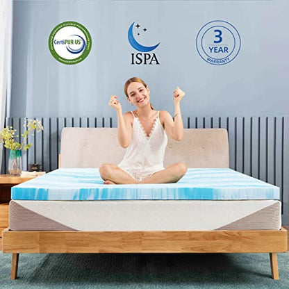  2 Inch Cooling Gel Memory Foam Mattress Topper In A Box, Medium Firm Mattress Topper For Pressure Relief & Temperature Regulation,CertiPUR-US Certified, Blue&White (Twin)