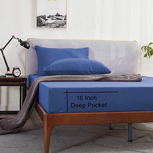  Shilucheng Full Size Bed Sheets Set Microfiber 1800 Thread Count Percale Super Soft And Comforterble 16 Inch Deep Pockets - 4 Piece (Full,Navy Blue)