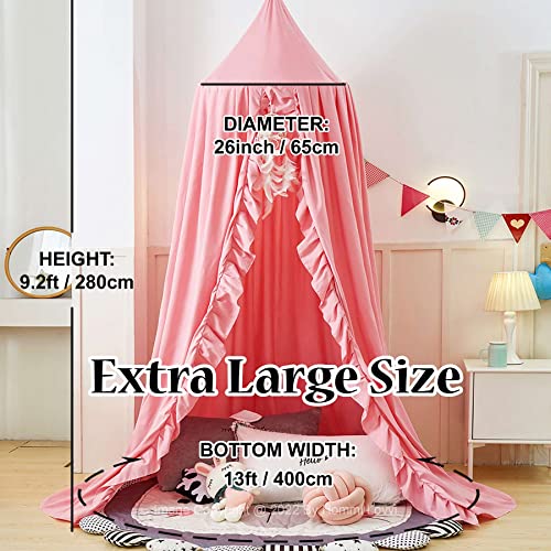 Hommi Lovvi Kids Bed Canopy, Dreamy Frills Canopy For Girls Bedroom Soft Ceiling Hanging Decoration Princess Canopy Net Reading Nook, Extra Large Full Size Bed Canopies With Light - Pink