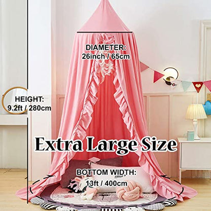  Hommi Lovvi Kids Bed Canopy, Dreamy Frills Canopy For Girls Bedroom Soft Ceiling Hanging Decoration Princess Canopy Net Reading Nook, Extra Large Full Size Bed Canopies With Light - Pink