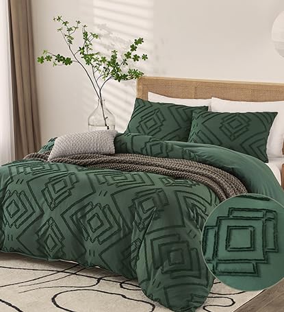  Powdion Green Duvet Cover Tufted, Dark Green Duvet Cover Queen With Jacquard Geometric Design, Boho Textured Duvet Cover Lightweight, 3pcs Olive Green Duvet Cover Set Zipper Closure 4 Ties