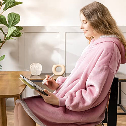  Oversized Wearable Blanket Hoodie For Adult, Thick Sherpa Sweatshirt With Elastic Sleeves And Giant Pockets Super Warm And Cozy Fuzzy Plush Fleece Blanket Jacket, Pink