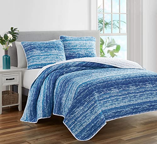  Ocean Stripe 3-Piece All Season Prewashed Quilt Set, Coastal Beach Theme, Natural Puckered/Textured Look, 100% Cotton Fabric, Unique Watercolor Stripe, Aqua, Blue, White, Full/Queen