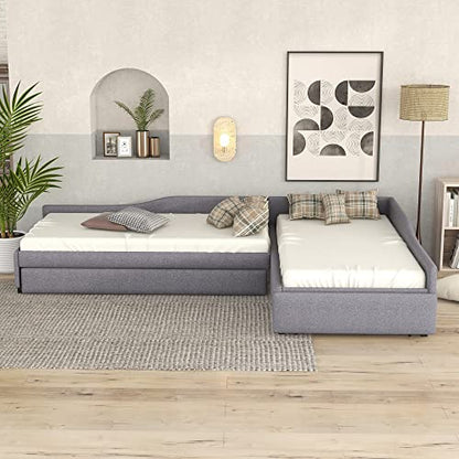  Merax Twin Size Daybed With Trundle, Upholstered Double Twin Size Daybed, Twin Daybed With Drawer, Gray
