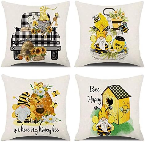  KACOPOL Sunflower Pillow Covers Set Of 4 18x18 Rustic Flower Market Farmhouse Truck Sunflower Bee Gnomes Home Eocr Throw Pillow Case Cushion Cover Spring Summer Decorations (Yellow-Hello Sunshine)