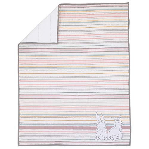  Cotton Tail - Soft 100% Cotton Rose, Grey, Aqua, Ivory Ribbon Stripe Nursery Crib Quilt With Appliqued Bunnies, Rose, Ivory, Aqua, Coral