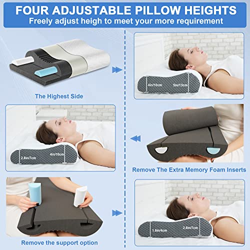  Joynox Memory Foam Pillow, Adjustable Contour Pillow For Neck Pain, Orthopedic Support Cervical Pillow For Sleeping, Ergonomic Bed Pillow For Back, Side, Stomach Sleepers, Grey Large