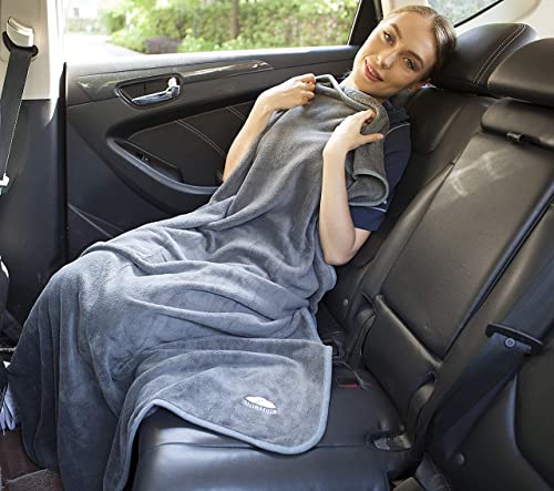  BlueHills Travel Blanket Pillow Rolled Premium Soft Plush Airplane Throw Traveling Essentials Compact In A Bag With Luggage Belt 70 X 48 Inches For Long Plane Flight Portable Lightweight Grey Gray R01